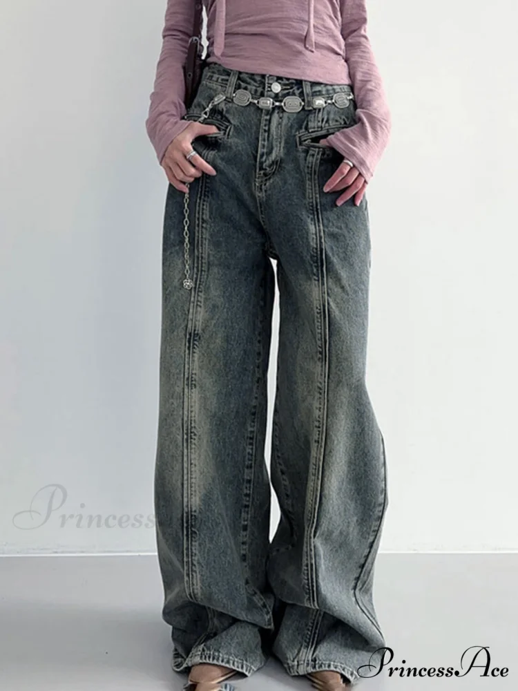 Center Stripe Wide Trendy Leg Jeans Without Belt - Image 2