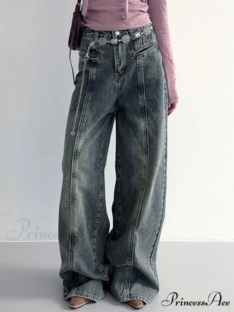 Center Stripe Wide Trendy Leg Jeans Without Belt - Image 3