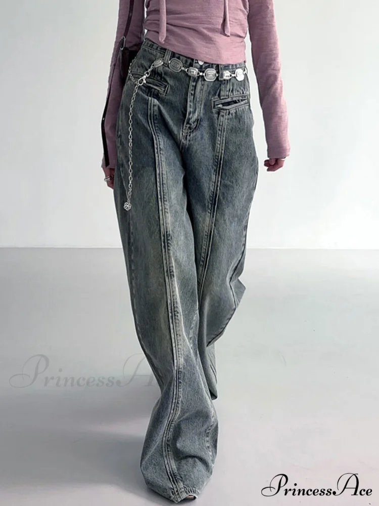 Center Stripe Wide Trendy Leg Jeans Without Belt - Image 4
