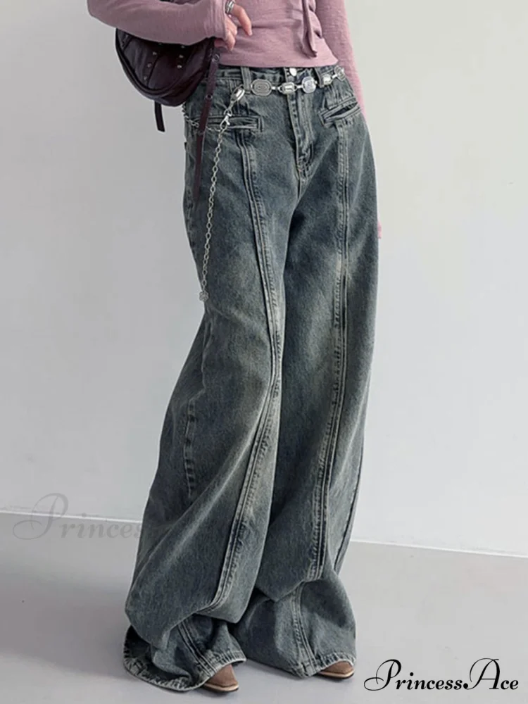Center Stripe Wide Trendy Leg Jeans Without Belt - Image 5