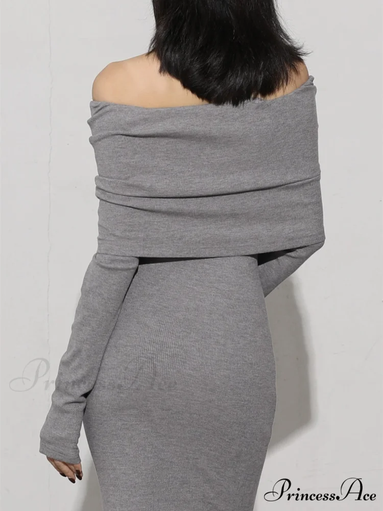 Charcoal Off Shoulder Overfold Modern Long Sleeve Long Dress - Image 2