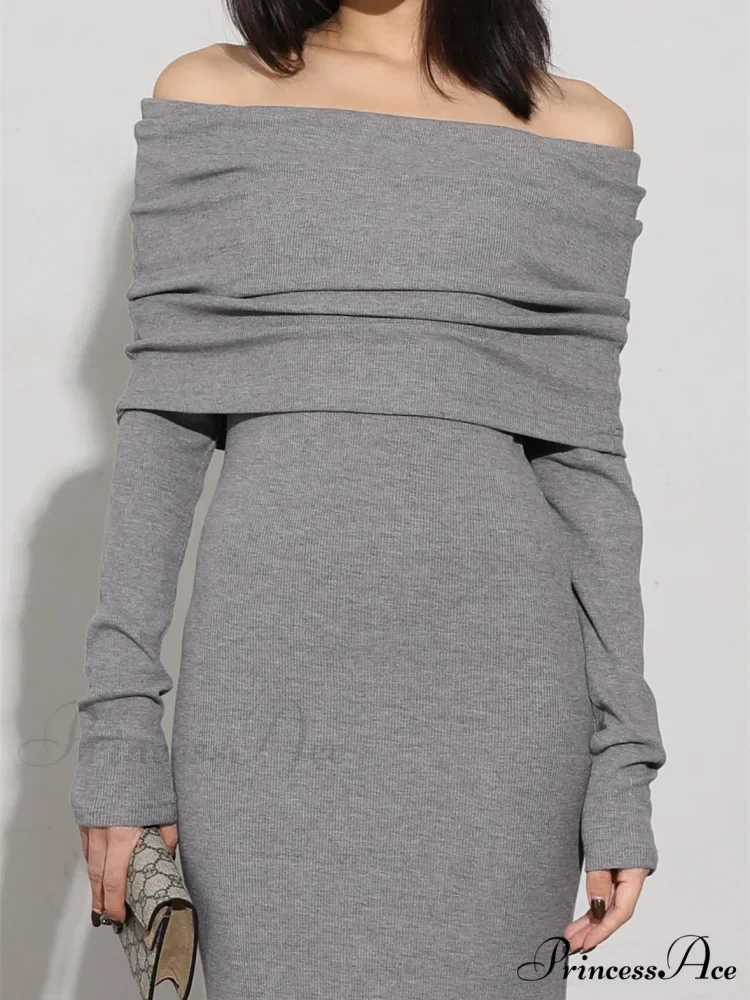 Charcoal Off Shoulder Overfold Modern Long Sleeve Long Dress - Image 4