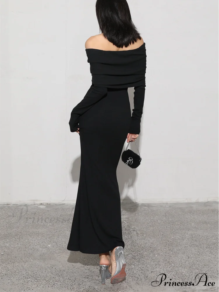 Charcoal Off Shoulder Overfold Modern Long Sleeve Long Dress - Image 7