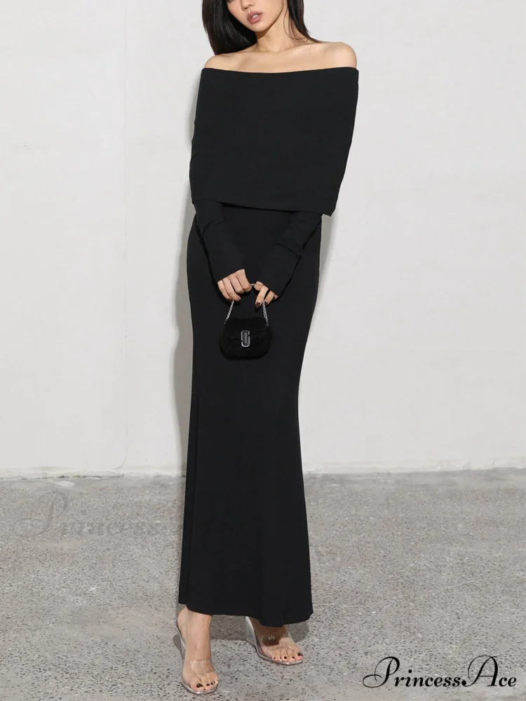 Charcoal Off Shoulder Overfold Modern Long Sleeve Long Dress - Image 8