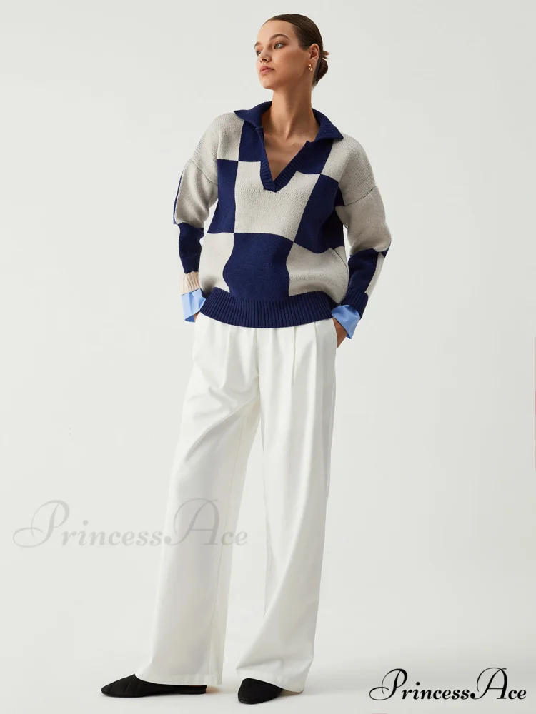 Checkered Open Graceful Collar Sweater - Image 2