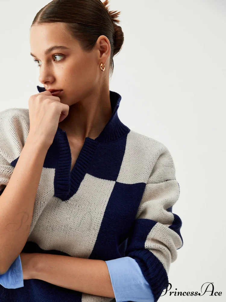 Checkered Open Graceful Collar Sweater - Image 3