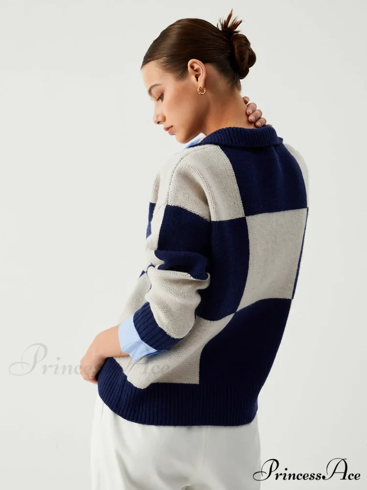 Checkered Open Graceful Collar Sweater - Image 4
