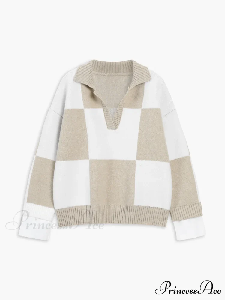 Checkered Open Graceful Collar Sweater - Image 6