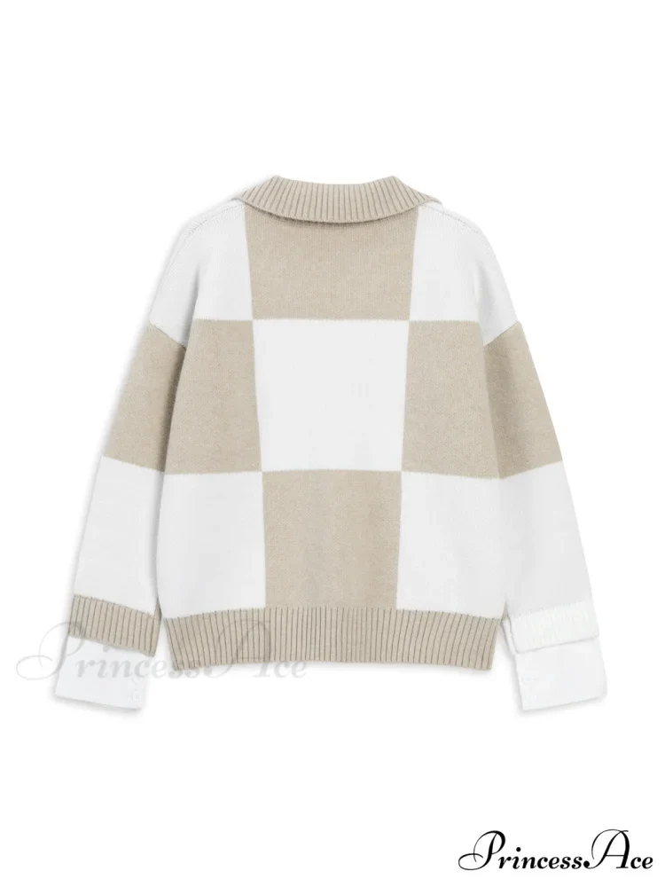 Checkered Open Graceful Collar Sweater - Image 7
