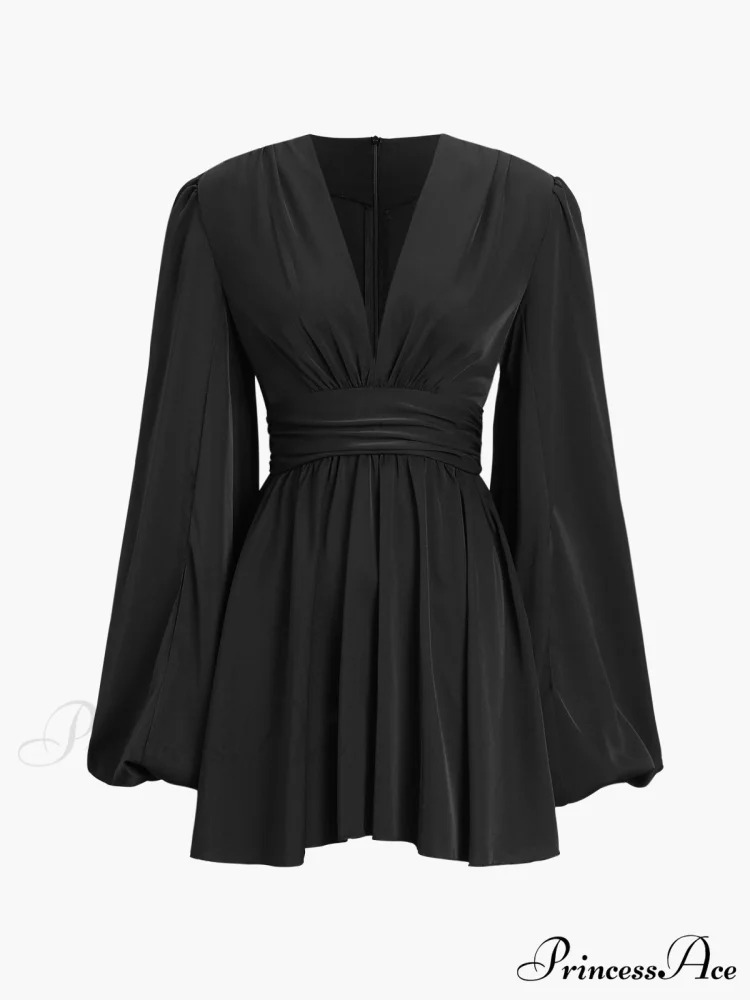Chiffon Low Cut V-neck Modern Pleated Zip Mini Dress - Image 2