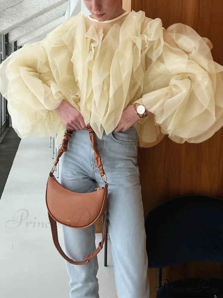 Chiffon Ruffled Graceful Crew Neck Blouse - Image 2