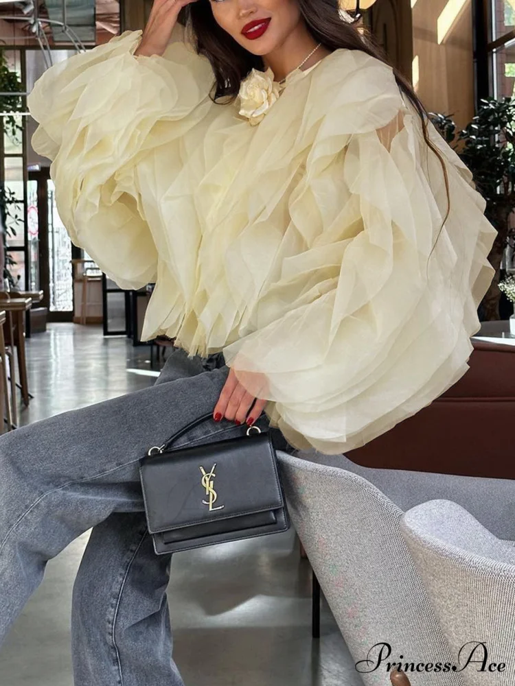 Chiffon Ruffled Graceful Crew Neck Blouse - Image 3
