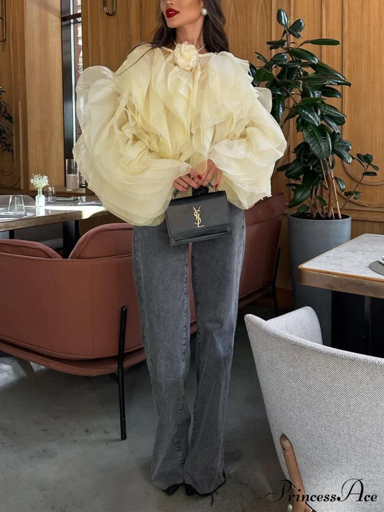 Chiffon Ruffled Graceful Crew Neck Blouse - Image 4