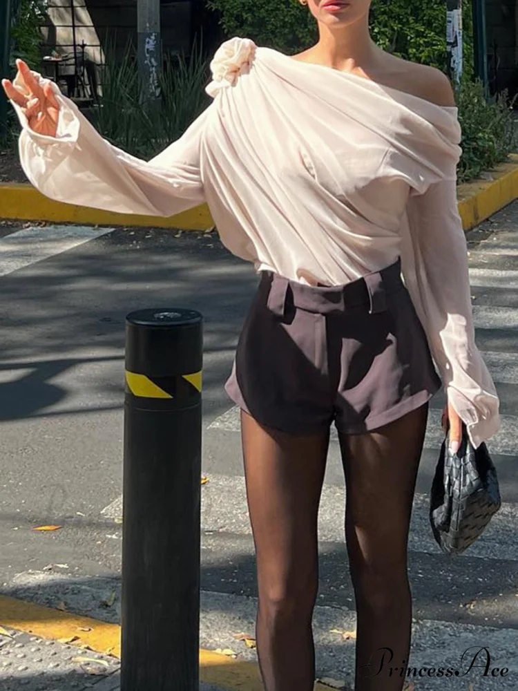 Chiffon Semi-sheer One Trendy Shoulder Asymmetrical Top - Image 2