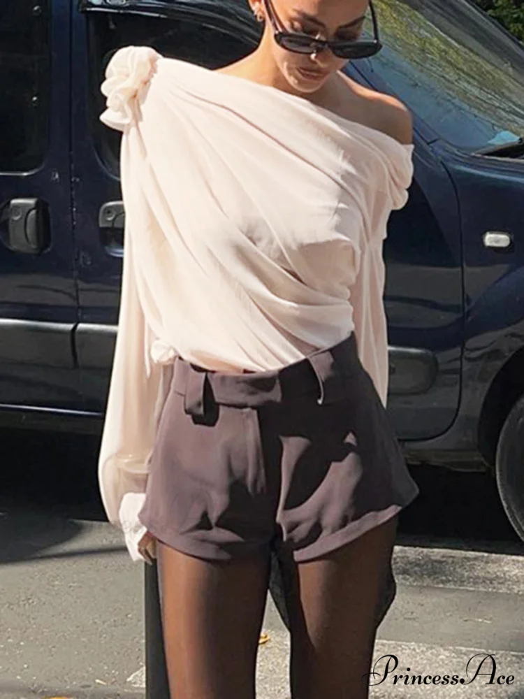 Chiffon Semi-sheer One Trendy Shoulder Asymmetrical Top - Image 5
