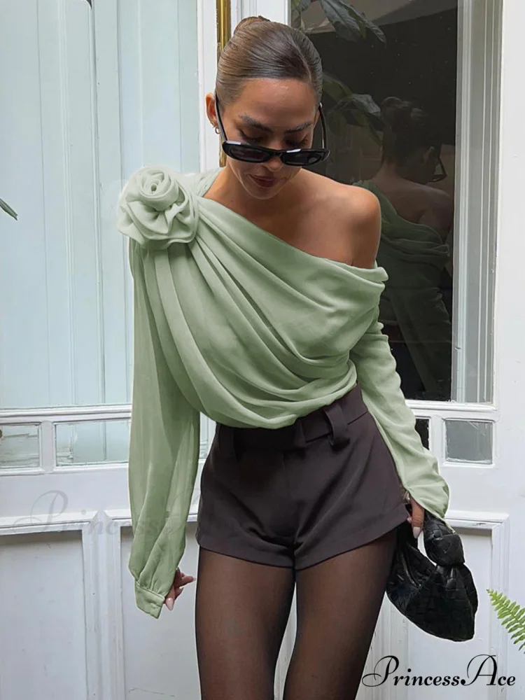 Chiffon Semi-sheer One Trendy Shoulder Asymmetrical Top - Image 8