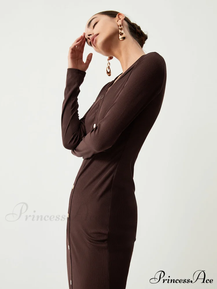 Chocolate Button Down Trendy Long Sleeve Midi Dress - Image 2