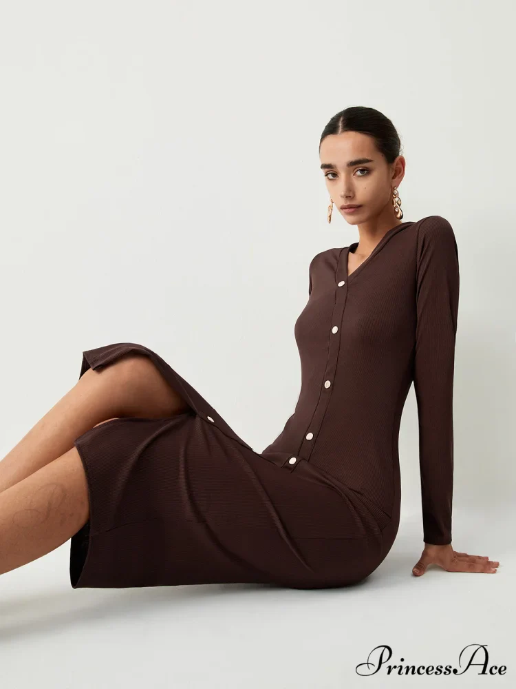 Chocolate Button Down Trendy Long Sleeve Midi Dress - Image 3