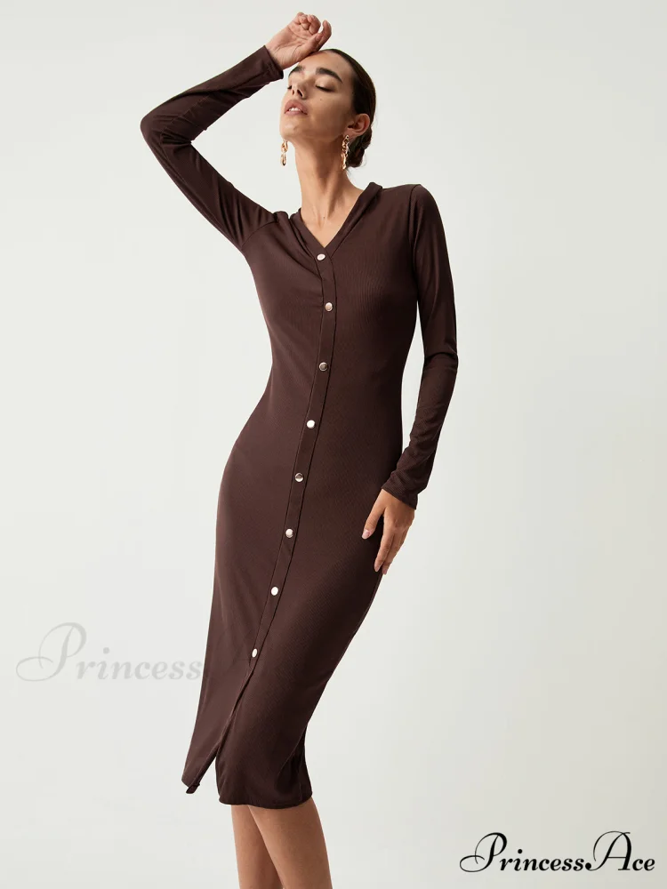 Chocolate Button Down Trendy Long Sleeve Midi Dress - Image 4