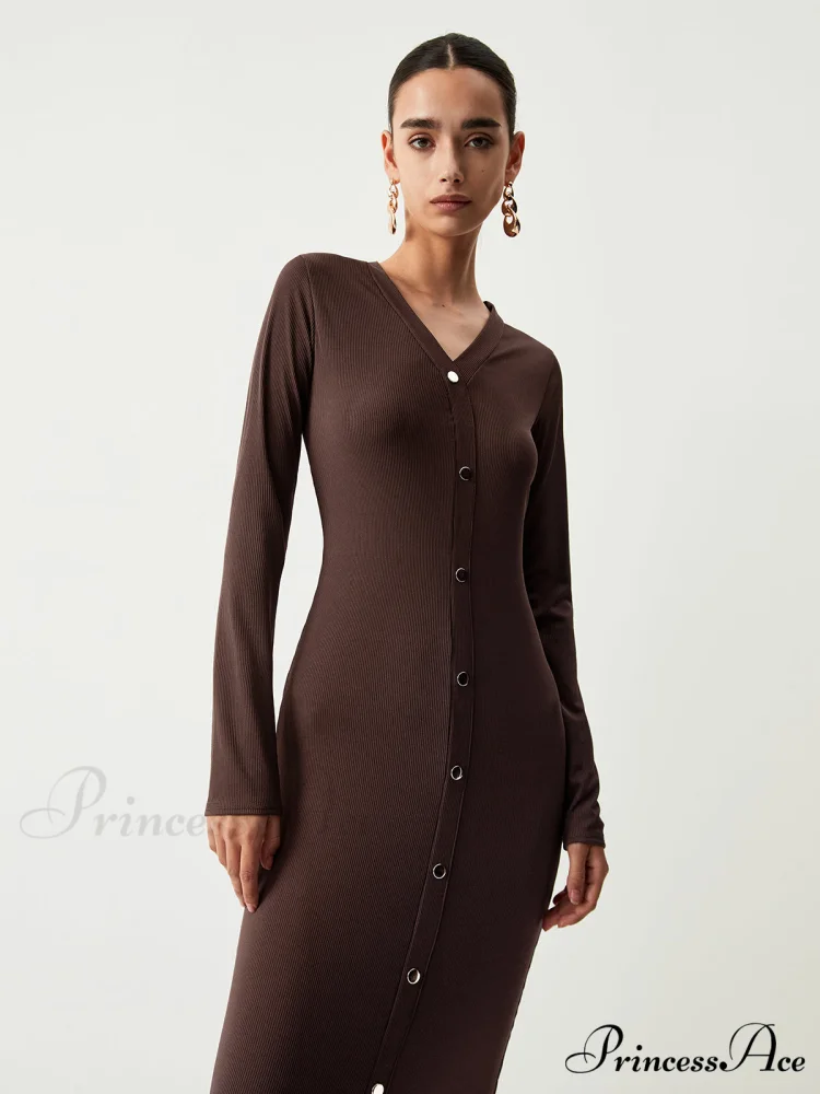 Chocolate Button Down Trendy Long Sleeve Midi Dress - Image 5