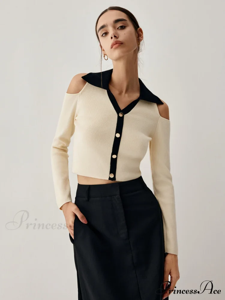 Colorblock Open Collar Cutout Modern Crop Long Sleeve Top - Image 2
