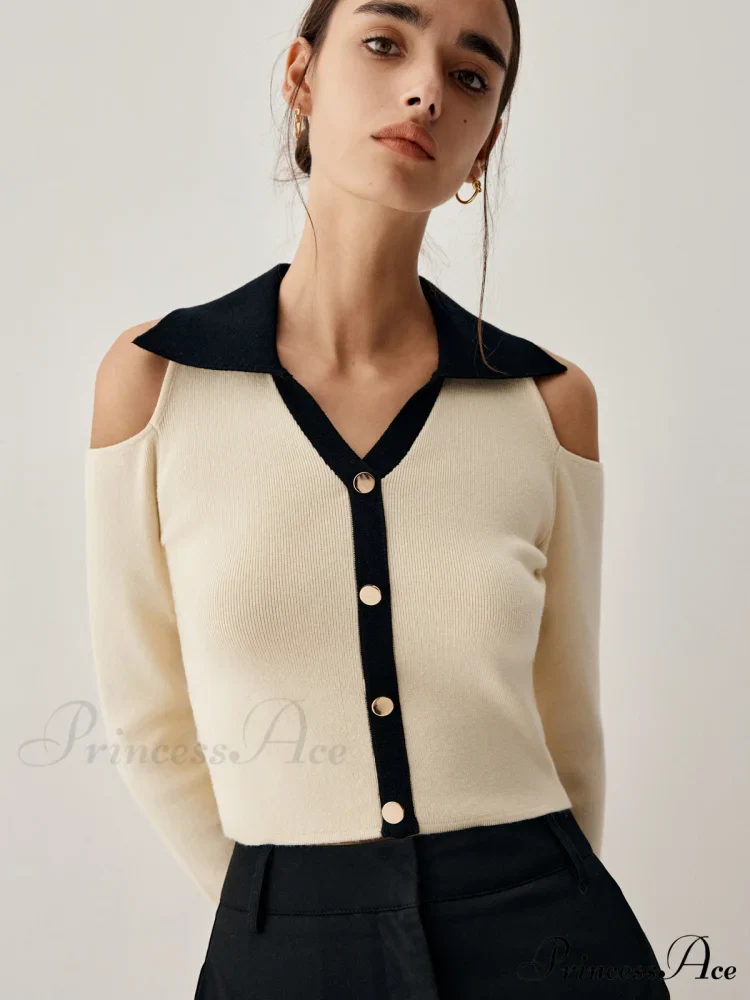 Colorblock Open Collar Cutout Modern Crop Long Sleeve Top - Image 3