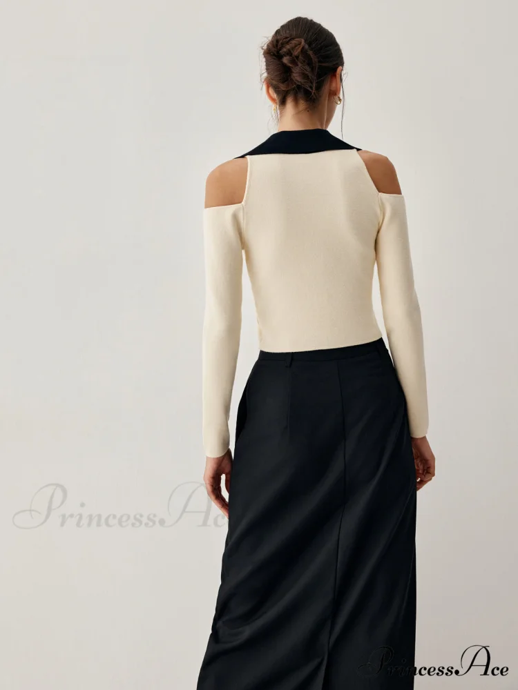 Colorblock Open Collar Cutout Modern Crop Long Sleeve Top - Image 5