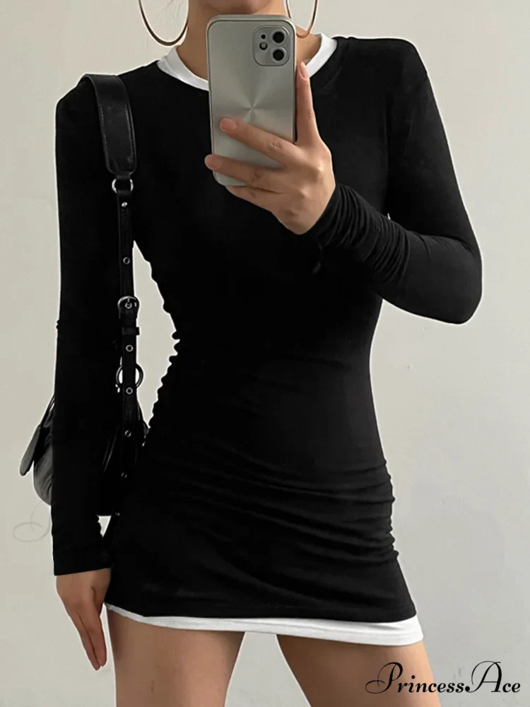 Contrast Binding Bodycon Long Modern Sleeve Knit Mini Dress - Image 5