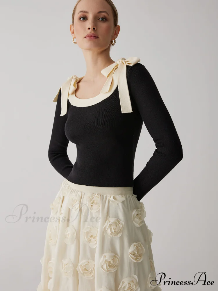 Contrast Bow Crew Trendy Neck Knit Top - Image 2