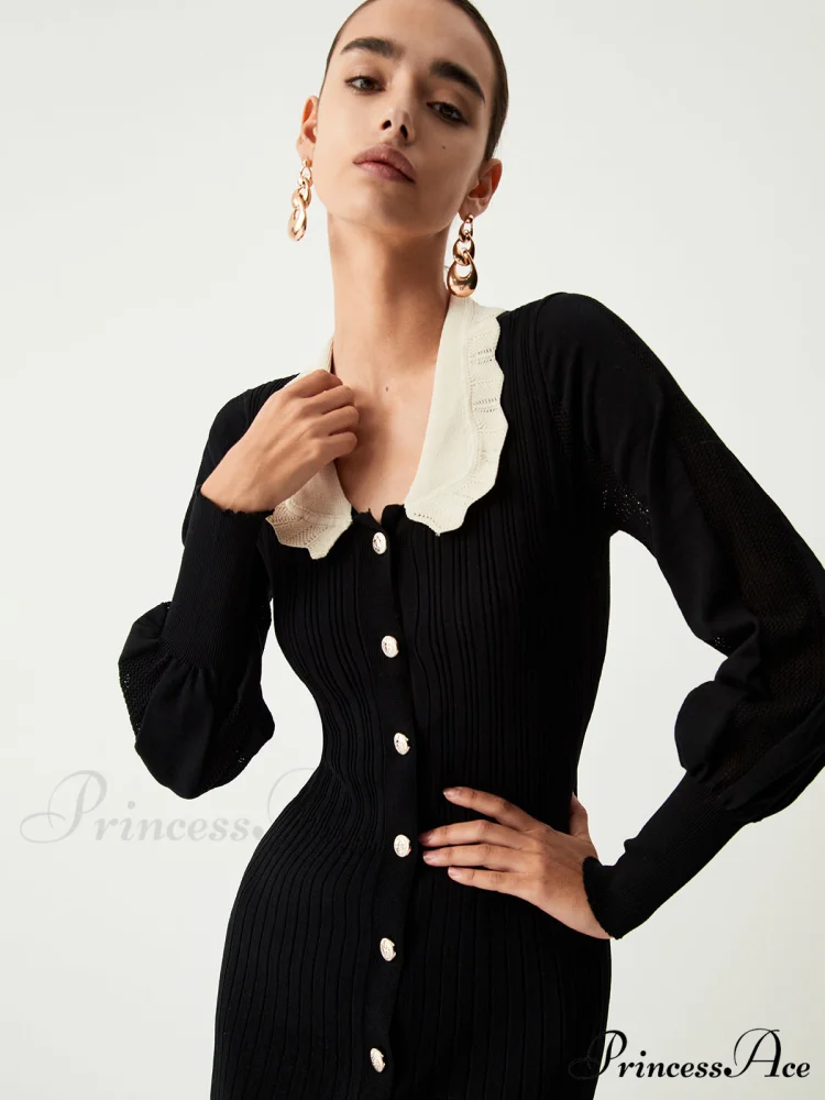 Contrast Eyelet Collar Long Modern Sleeve Midi Sweater Dress - Image 2