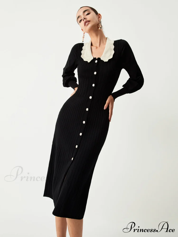 Contrast Eyelet Collar Long Modern Sleeve Midi Sweater Dress - Image 3
