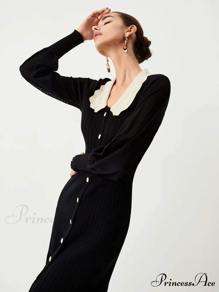 Contrast Eyelet Collar Long Modern Sleeve Midi Sweater Dress - Image 4