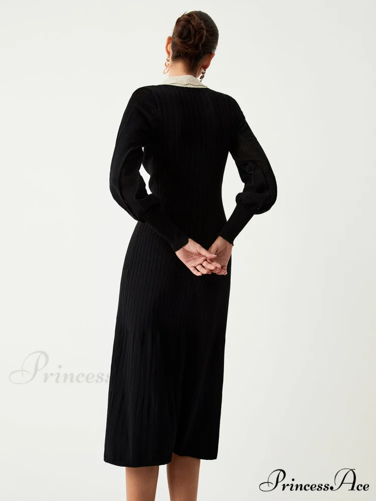 Contrast Eyelet Collar Long Modern Sleeve Midi Sweater Dress - Image 5