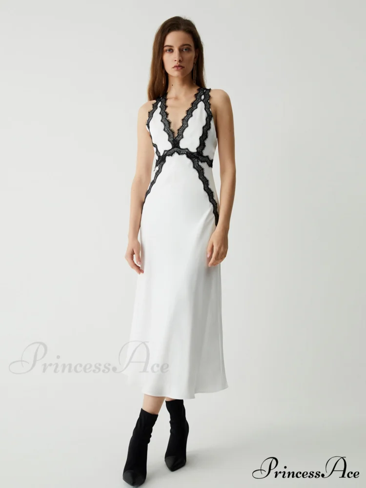 Contrast Lace Graceful Satin Long Dress - Image 2