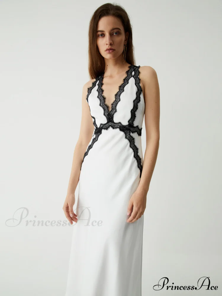 Contrast Lace Graceful Satin Long Dress - Image 4