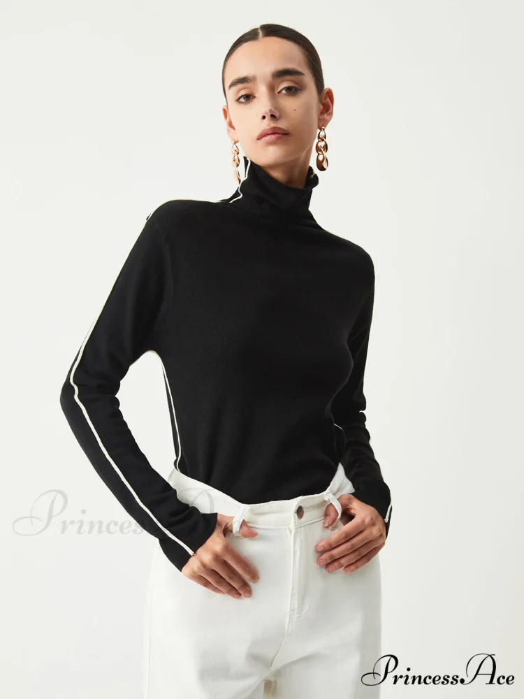 Contrast Piping Turtleneck Trendy Long Sleeve Top - Image 2