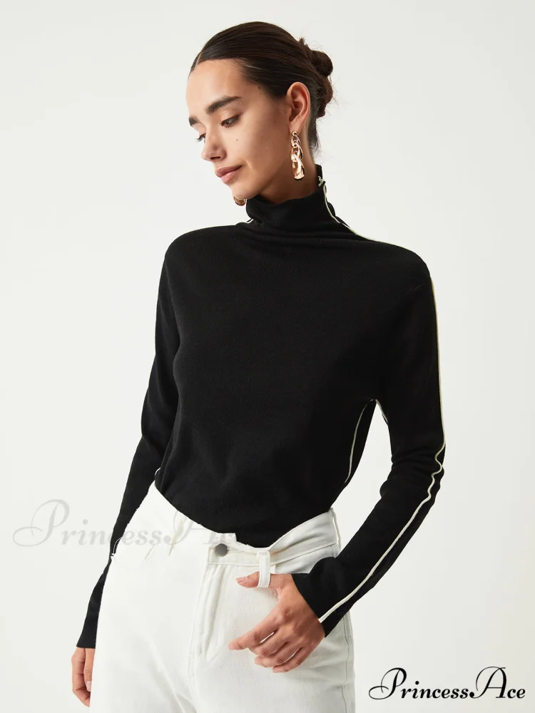 Contrast Piping Turtleneck Trendy Long Sleeve Top - Image 3