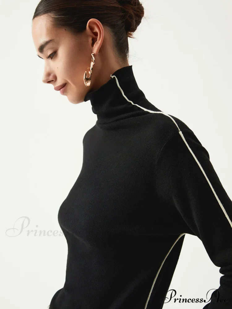 Contrast Piping Turtleneck Trendy Long Sleeve Top - Image 4