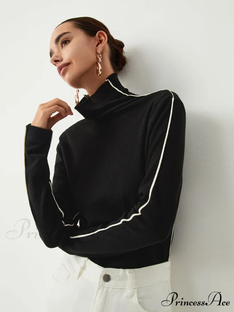 Contrast Piping Turtleneck Trendy Long Sleeve Top - Image 5