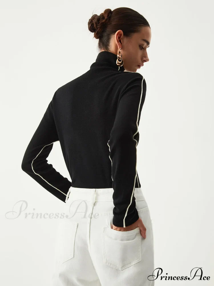 Contrast Piping Turtleneck Trendy Long Sleeve Top - Image 6