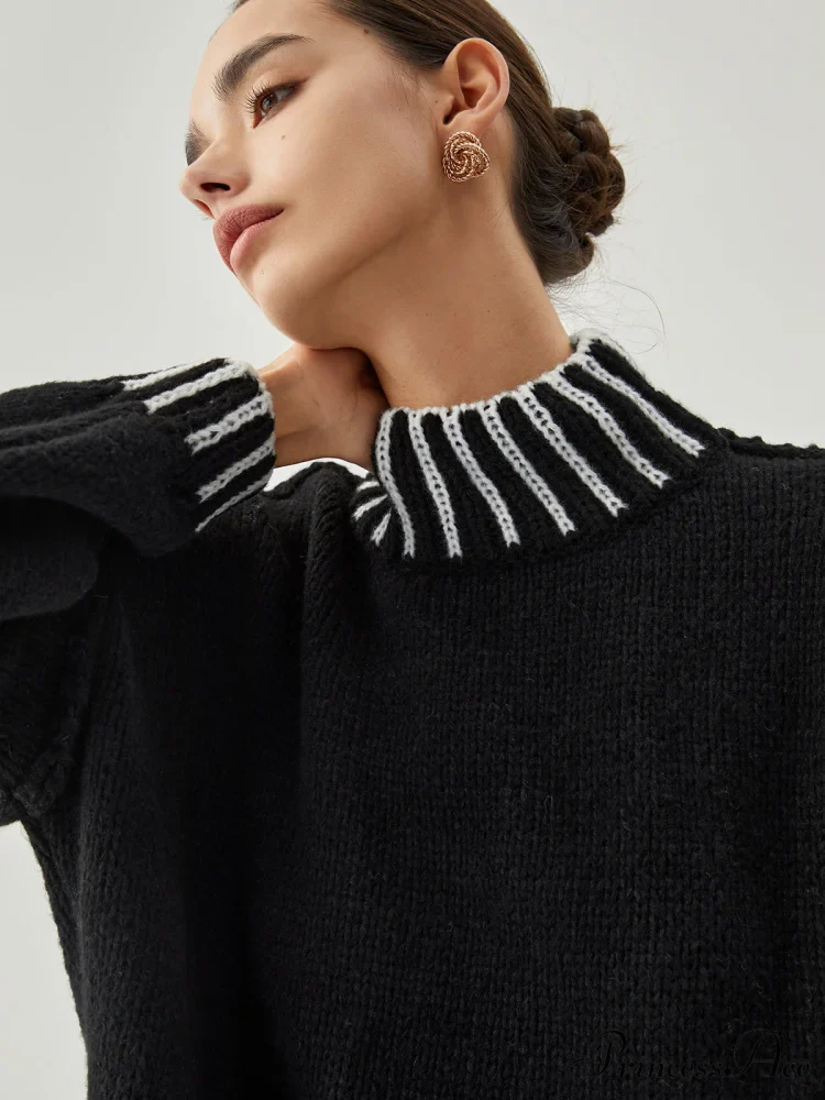 Contrast Stitch Graceful Mock Neck Sweater - Image 2