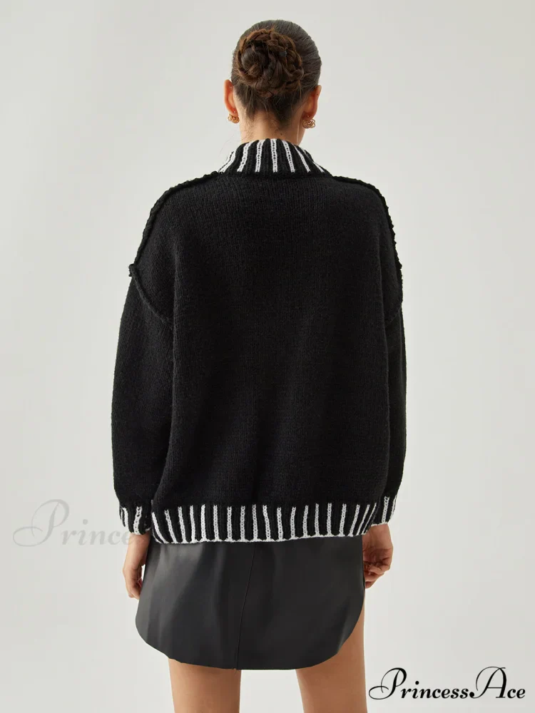 Contrast Stitch Graceful Mock Neck Sweater - Image 3