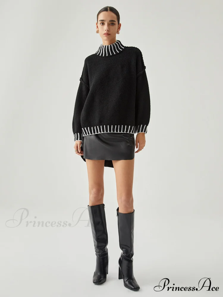 Contrast Stitch Graceful Mock Neck Sweater - Image 4