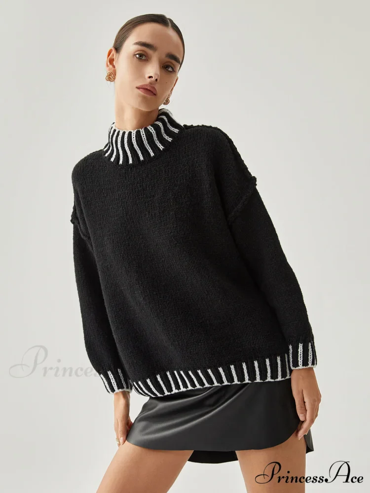 Contrast Stitch Graceful Mock Neck Sweater - Image 5