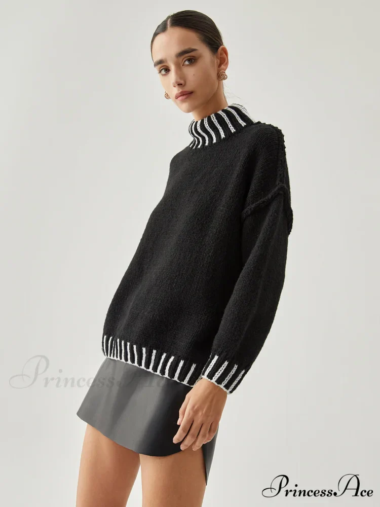 Contrast Stitch Graceful Mock Neck Sweater - Image 6