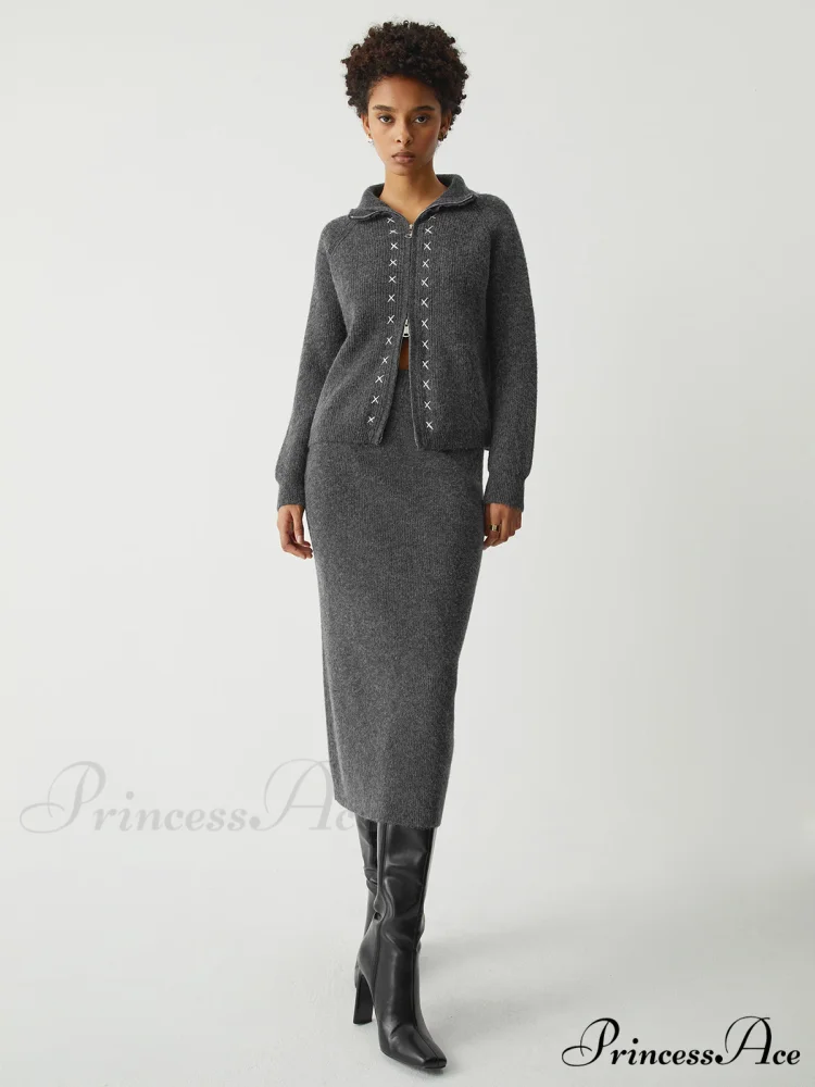 Contrast Stitches Two Way Zip Classic Long Sleeve Two Piece Skirt Set - Image 2