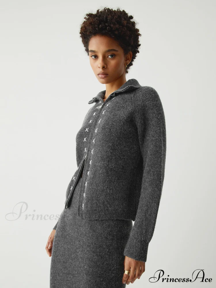 Contrast Stitches Two Way Zip Classic Long Sleeve Two Piece Skirt Set - Image 4