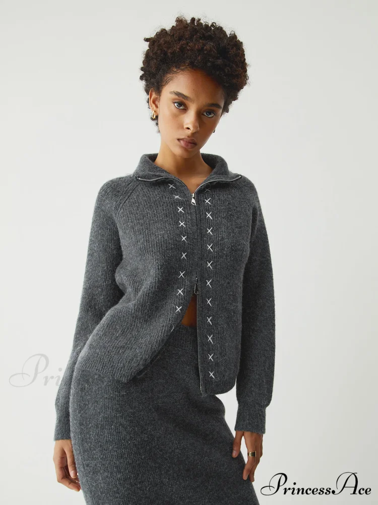 Contrast Stitches Two Way Zip Classic Long Sleeve Two Piece Skirt Set - Image 6