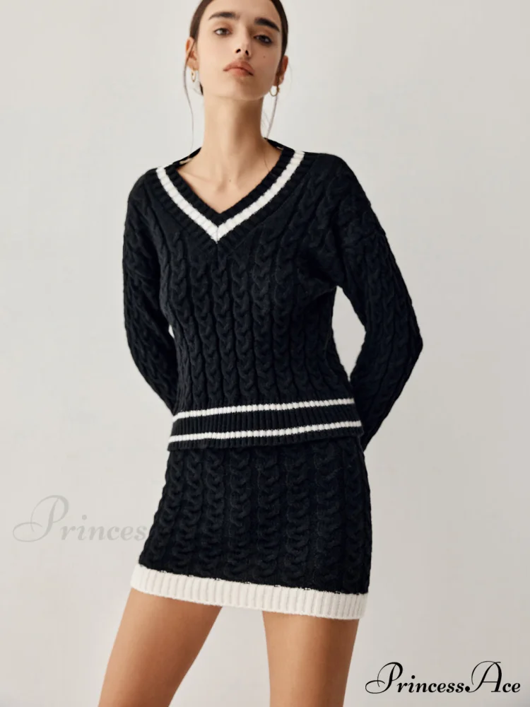Contrast Trim Cable Knit Modern Sweater With Matching Skirt - Image 2