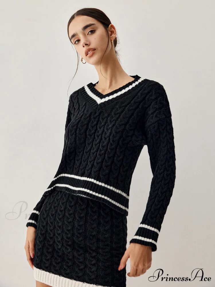 Contrast Trim Cable Knit Modern Sweater With Matching Skirt - Image 3